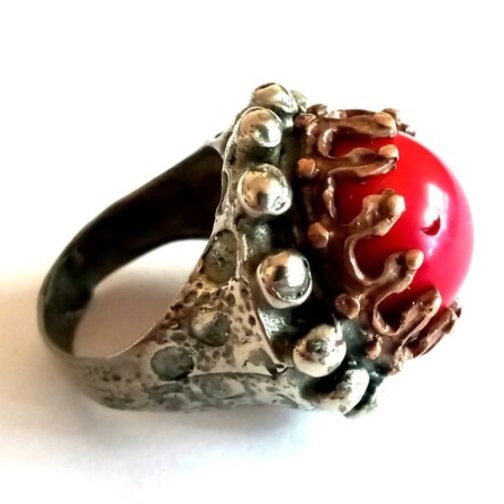 Goth Silver Brass Red Coral Ring